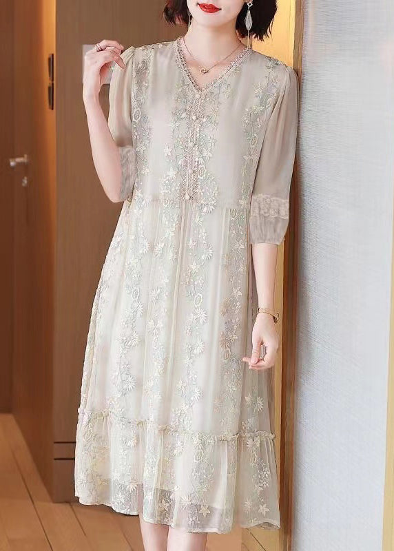 Beige Embroidered Lace Ruffled Silk Dresses Half Sleeve