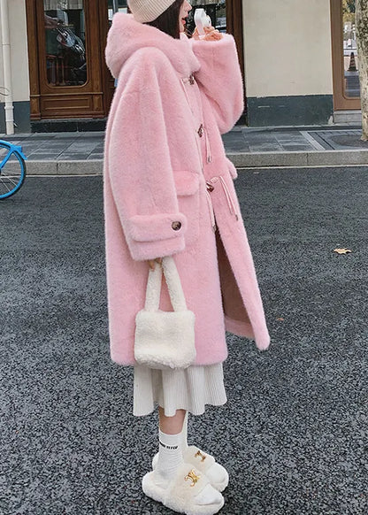 Pink Button Pockets Mink Velvet Coat Hooded Winter