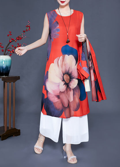 Red Chinese Button Print Silk Two Pieces Set Summer