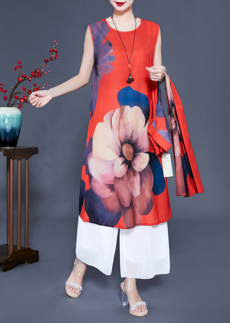 Red Chinese Button Print Silk Two Pieces Set Summer
