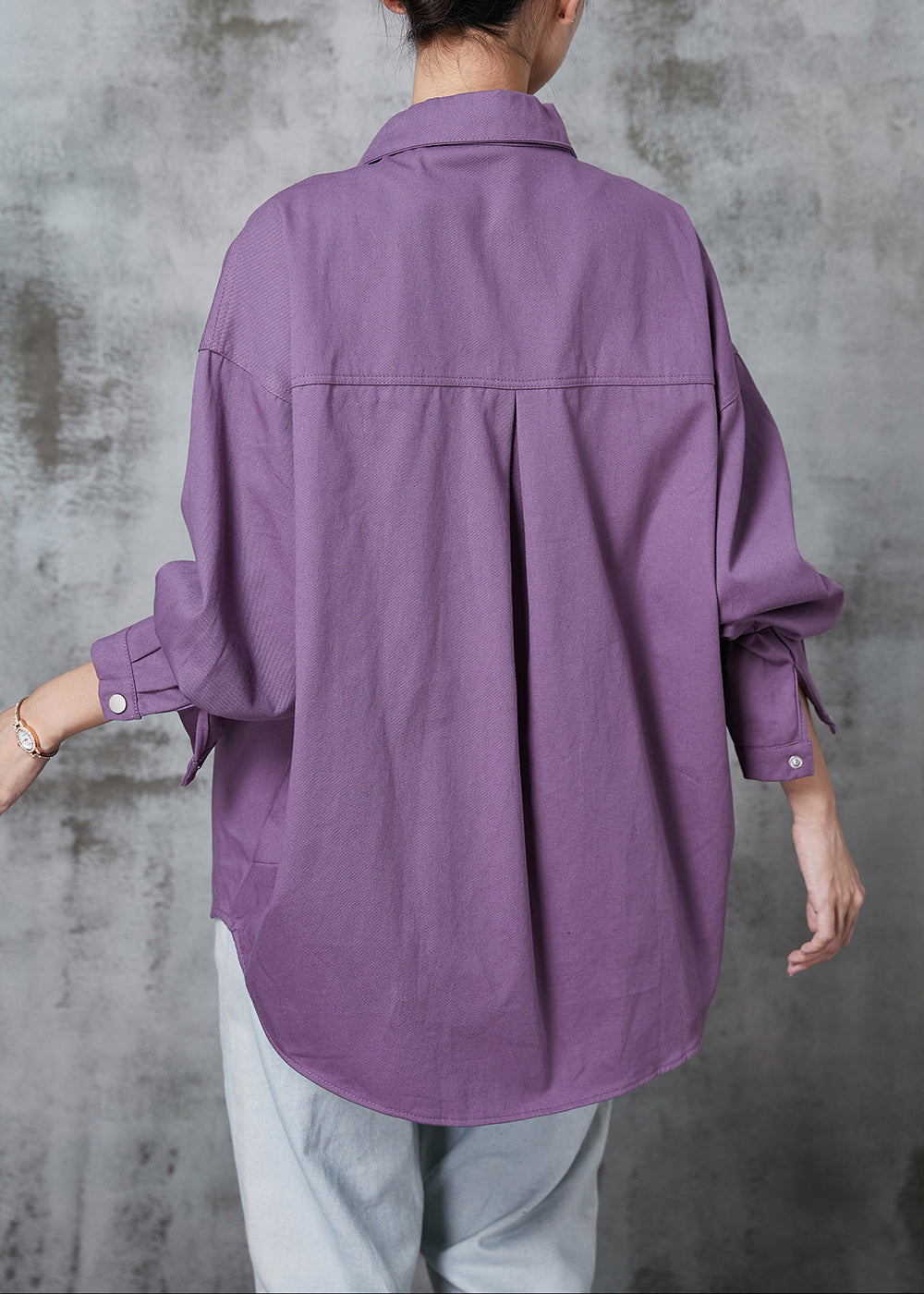 Purple Oversized Pockets Cotton Blouses Spring