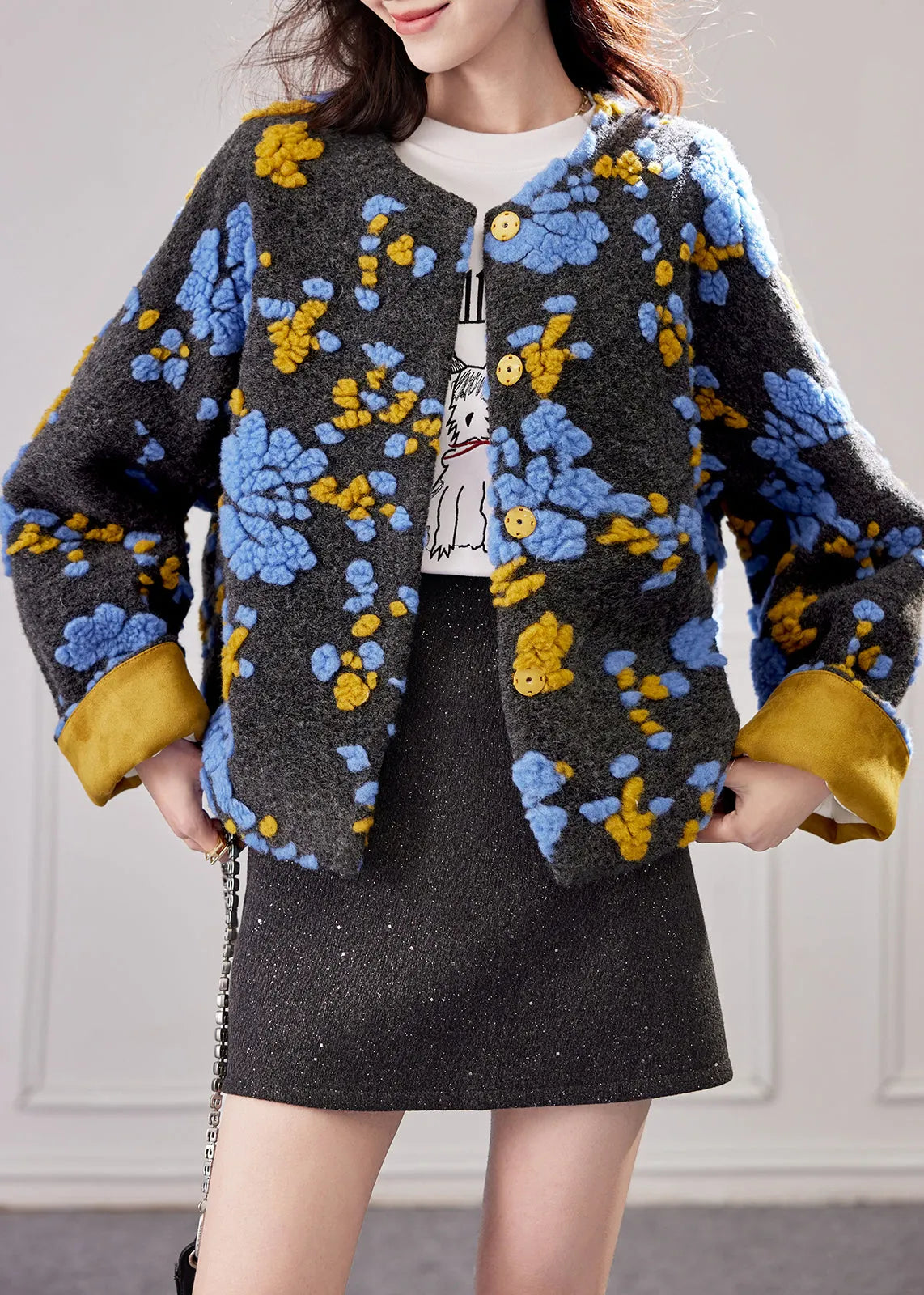 Blue Embroidered Button Duck Down Woolen Coat Winte