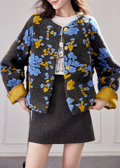 Blue Embroidered Button Duck Down Woolen Coat Winte