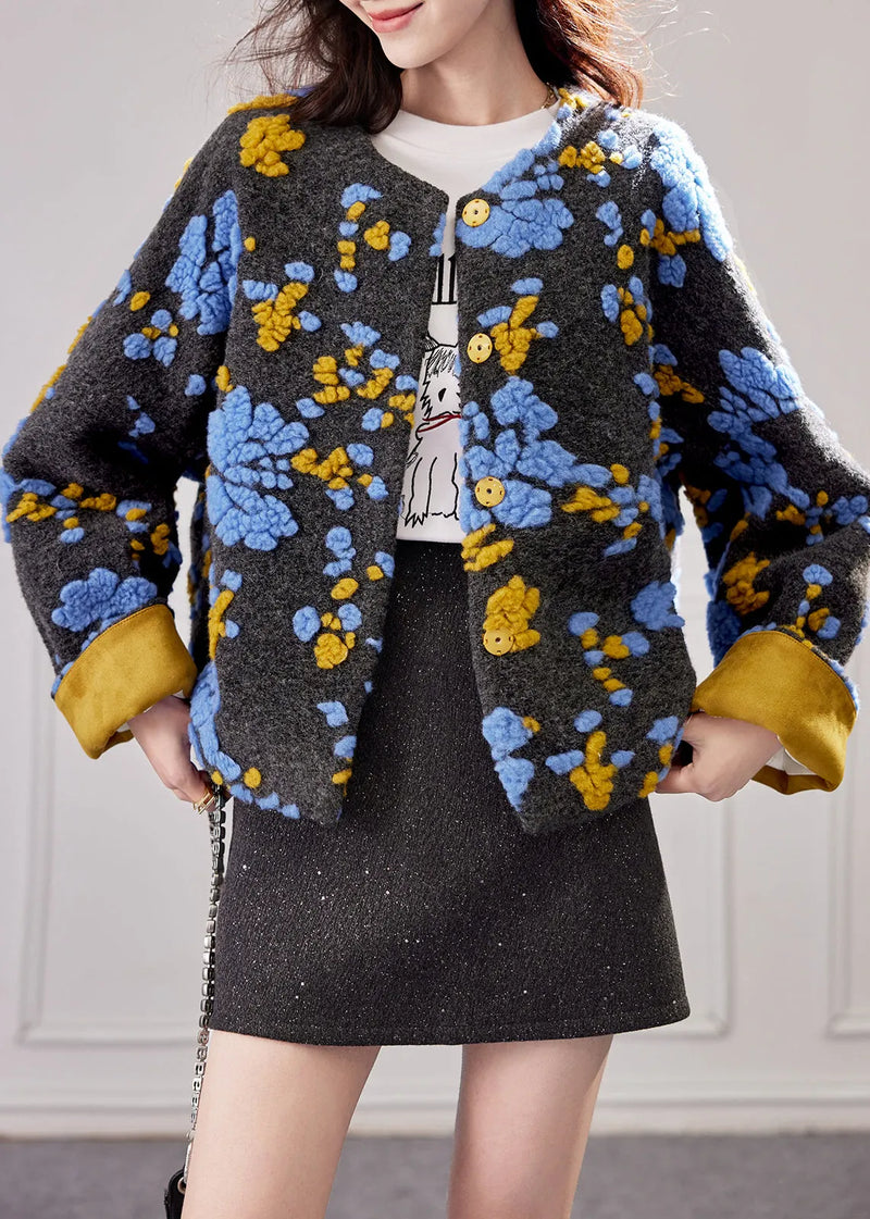 Blue Embroidered Button Duck Down Woolen Coat Winte