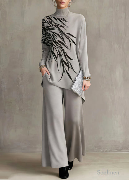 Khaki Print Knit Two Piece Suit Set Asymmetrical Stand Collar Spring