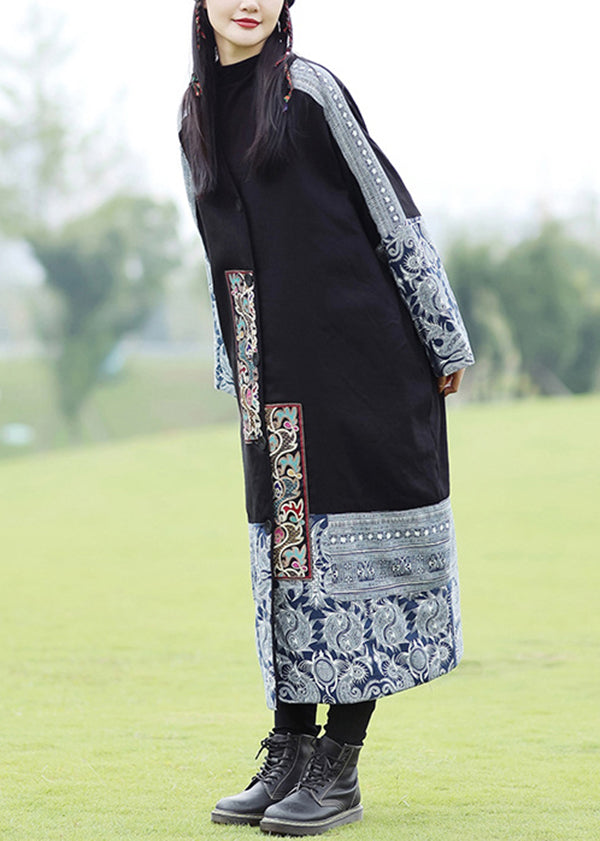 Black Embroidered Patchwork Fine Cotton Filled Coat Spring