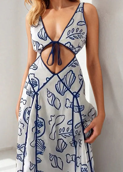Red V Neck Print Hollow Out Cotton Dresses Sleeveless