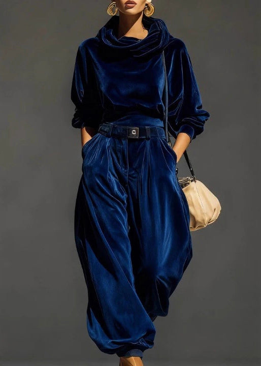 Coffee Hooded Pockets Sweatshirt and Pants Silk Velvet Two Pieces Set Spring