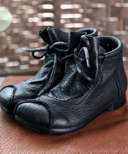 Chocolate Cowhide Leather Splicing Lace Up Ankle Boots