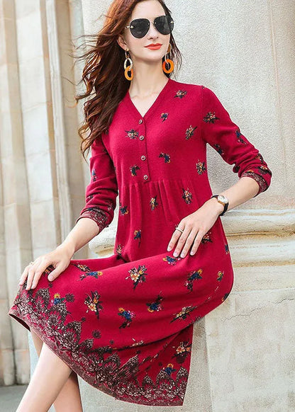 Red V Neck Print Knit Long Dresses Spring