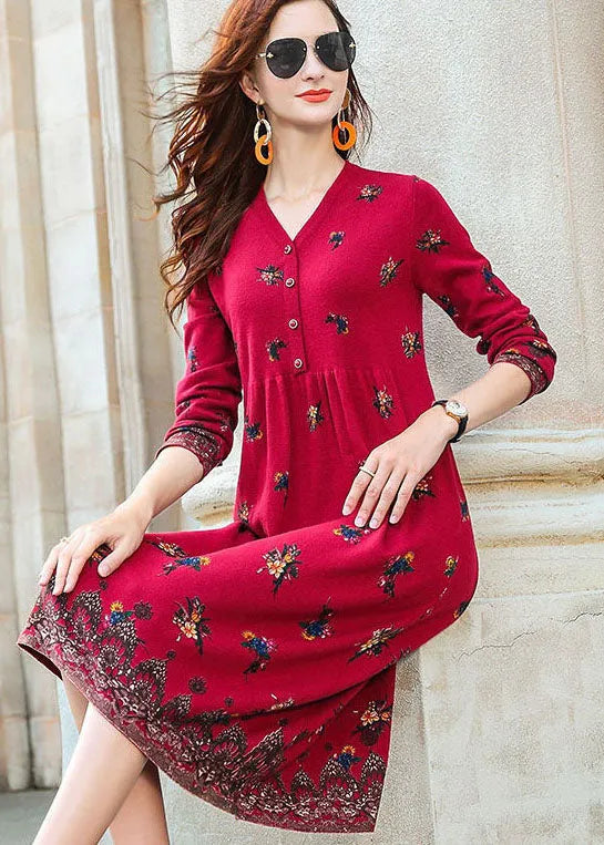 Red V Neck Print Knit Long Dresses Spring