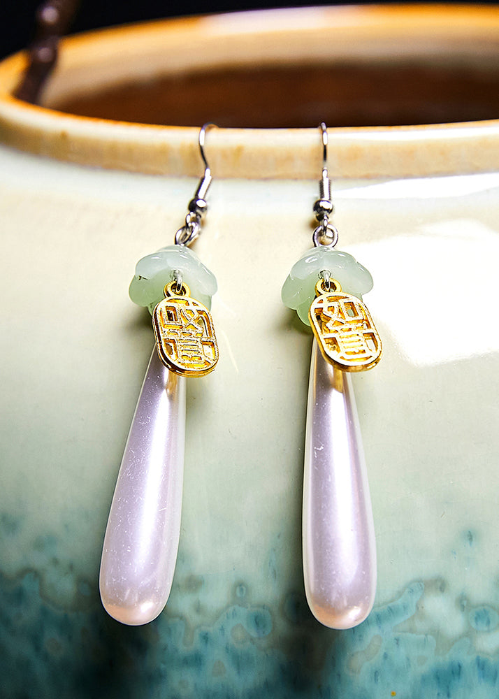 Retro Water Droplet Pearl Fupai 14k Gold Drop Earrings