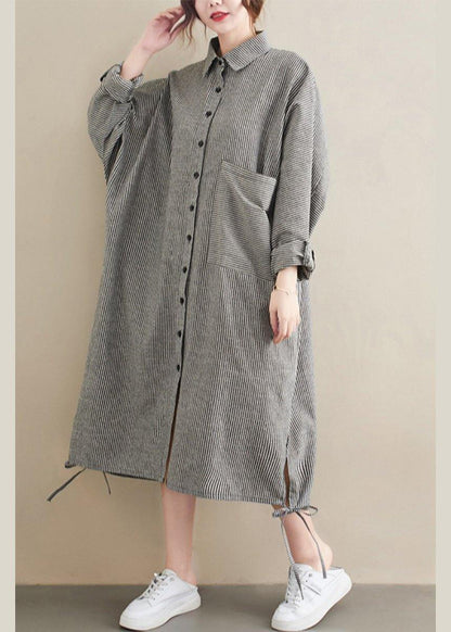 Loose Grey Striped Turn-down Colla Maxi Spring Cotton Dress