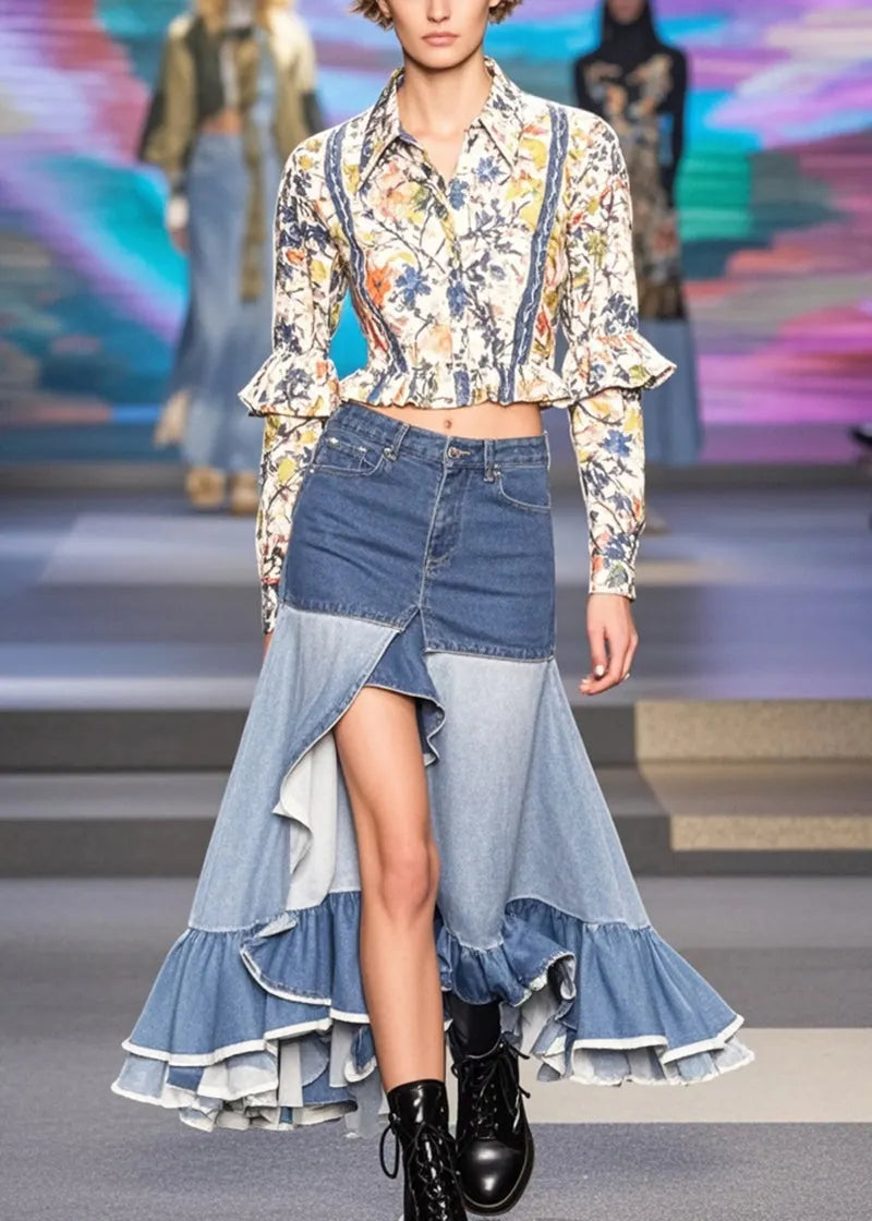 Blue Ruffles Patchwork Side Open Denim Skirts Spring