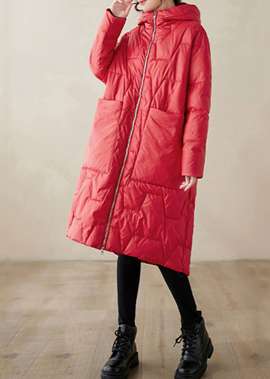 Red Hooded Pockets Fine Cotton Filled Coat Winter
