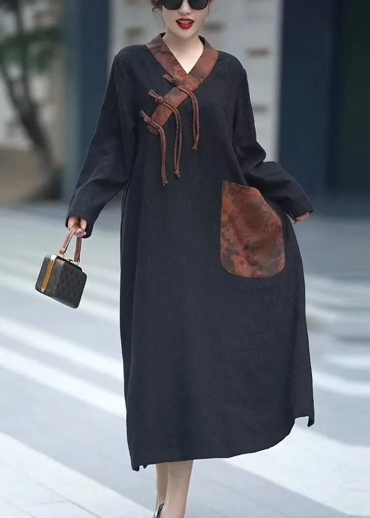 Black V Neck Chinese Button Pockets Cotton Dresses Fall