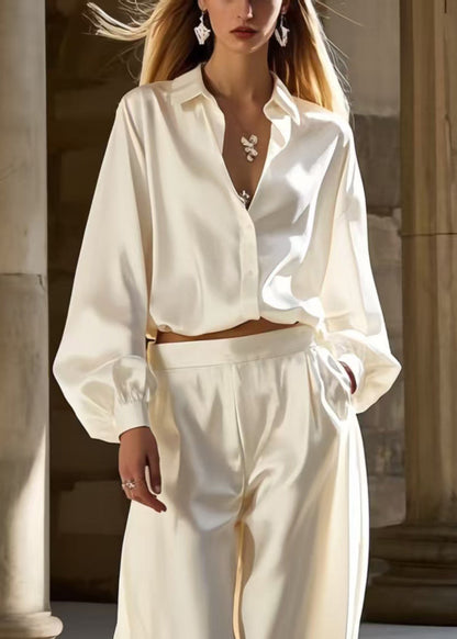 White Oversized Draping Ice Silk Two Pieces Set Spring