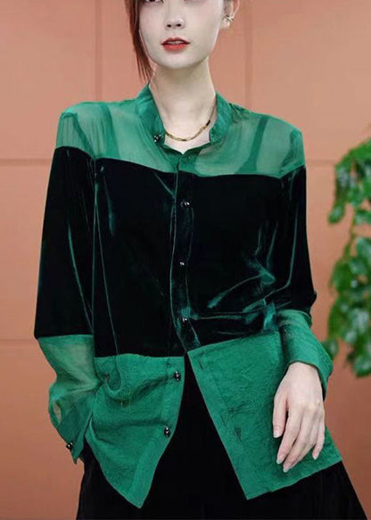 Green Stand Collar Patchwork Silk Velour Shirt Top Spring