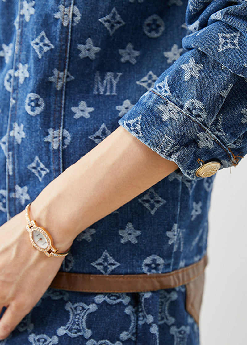 Navy Oversized Print Denim Two Piece Suit Set Fall