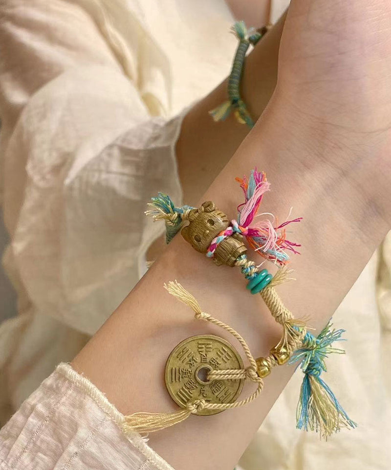 Diy Blue Hand Knitting Kitty Cat Copper Cash Charm Bracelet