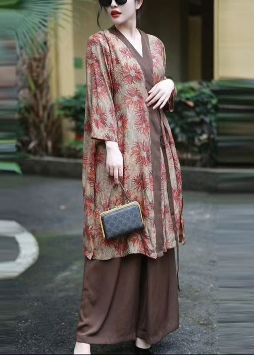 Coffee V Neck Print Lace Up Silk Cotton Two Pieces Set Fall