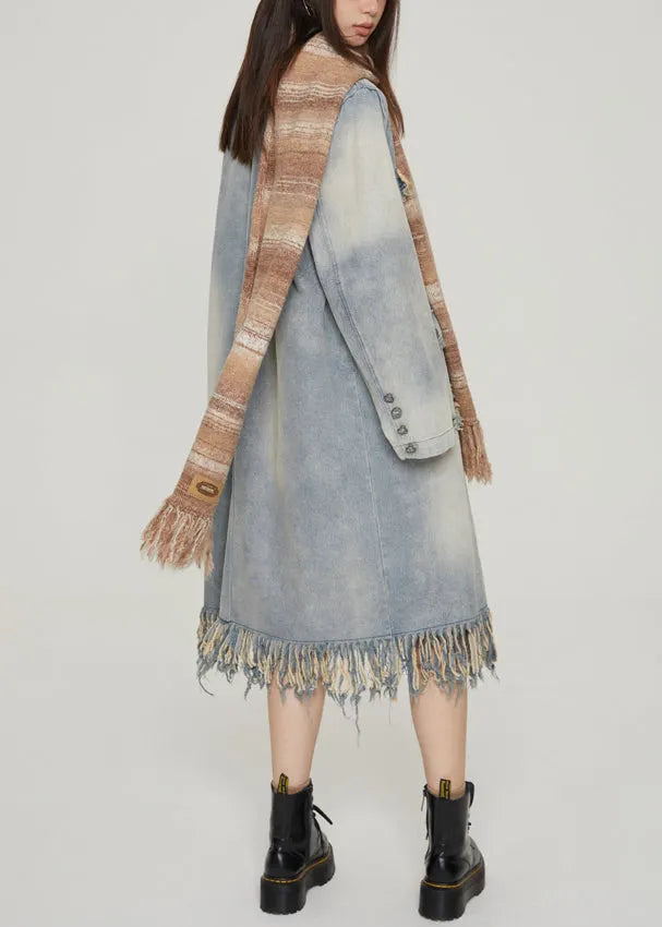 Blue Tasseled Pockets Patchwork Denim Long Coats Fall