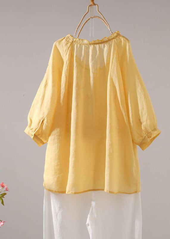 Yellow Ruffled Patchwork Linen T Shirt Tops Summer
