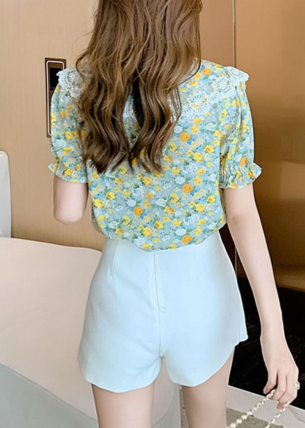Natural Green Button Peter Pan Collar Lace Patchwork Chiffon Blouses Short Sleeve