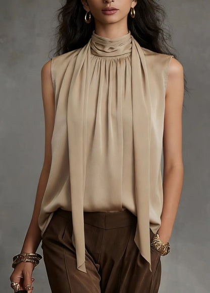 Modern Khaki Hign Neck Wrinkled Silk Shirt Sleeveless