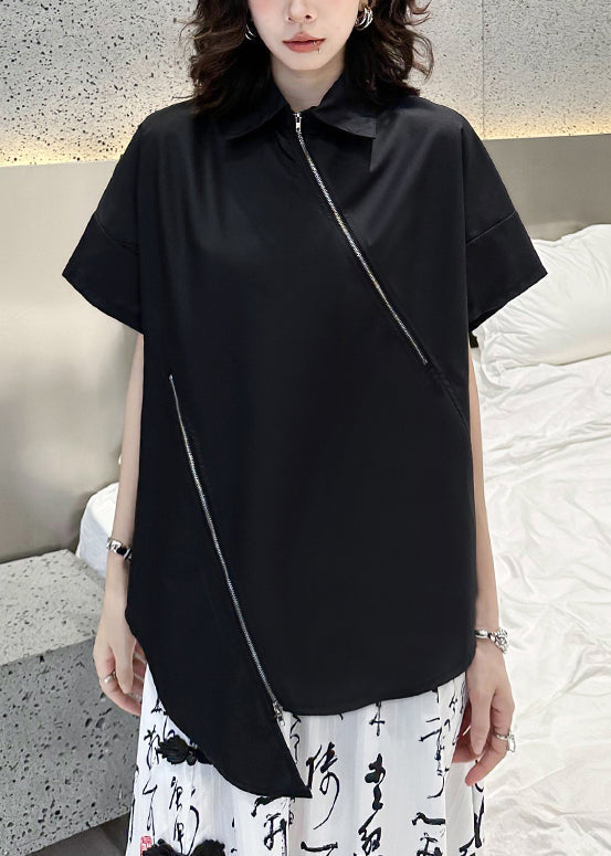 Black Zippered Asymmetrical Patchwork Cotton Blouses Short Sleeve
