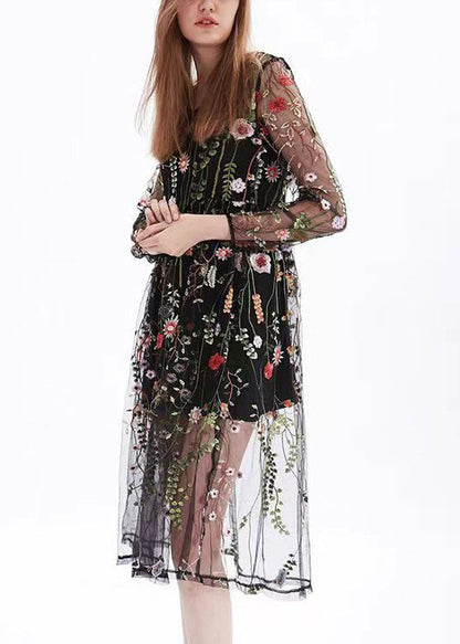 Black O-neck Embroidered Tulle Two Pieces Set Long Sleeve