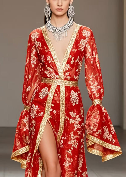 New Retro Red Print Side Open Chiffon Wedding Dress Flare Sleeve
