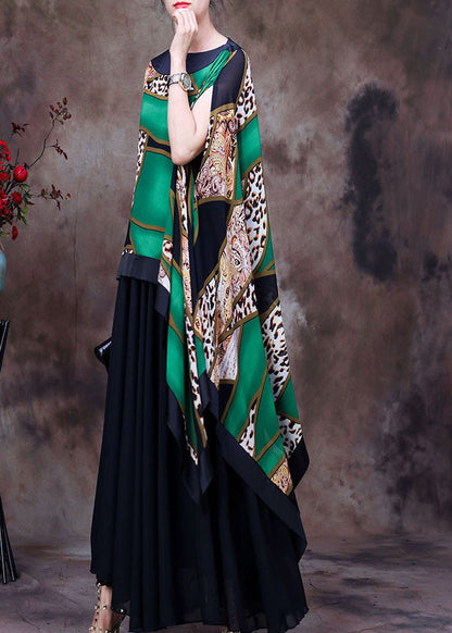Green Asymmetrical Design Leopard Print Silk Shawl Tops Short Sleeve