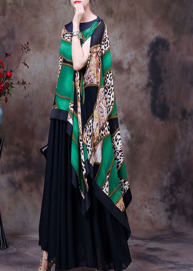 Green Asymmetrical Design Leopard Print Silk Shawl Tops Short Sleeve