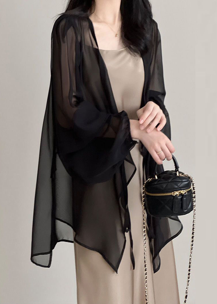 Black V Neck Tie Waist Chiffon Upf 50+ Cardigan Summer