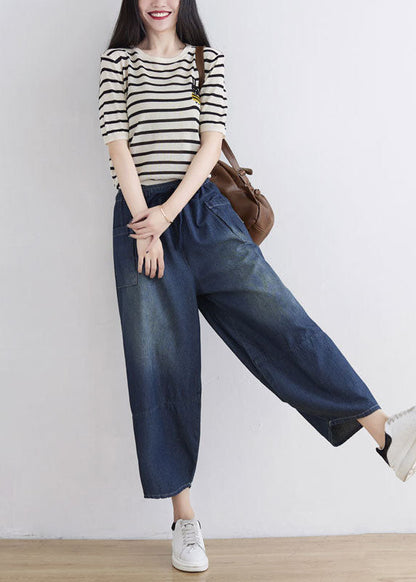 Blue Elastic Waist Patchwork Cotton Denim Pants Spring