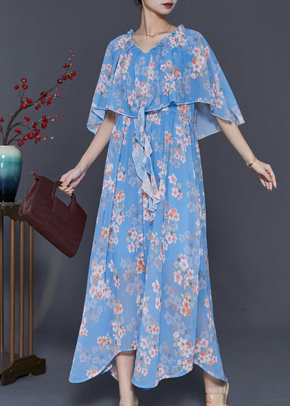 Blue Ruffled Print Chiffon Dresses Cloak Sleeves