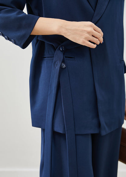 Navy Tie Waist Draping Spandex Two Pieces Set Fall