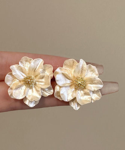 Stylish Beige Copper Alloy Acrylic Camellia Flower Stud Earrings