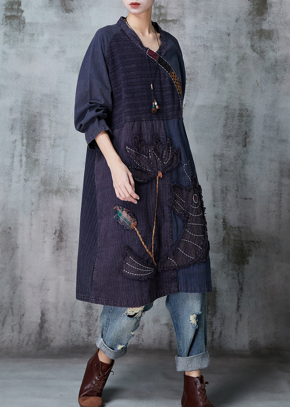 Boutique Navy Embroideried Patchwork Cotton Robe Dresses Spring