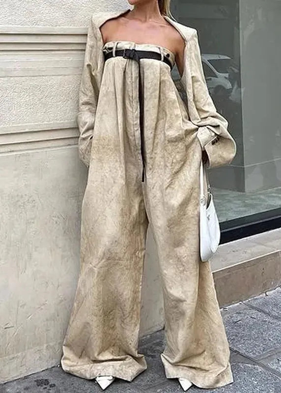 Camel Patchwork Sashes Jumpsuits Flare Sleeve