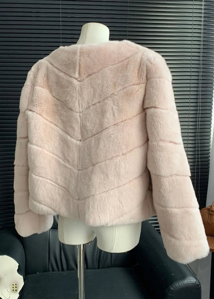 Style Pink V Neck Striped Leather and Fur Coats Winter