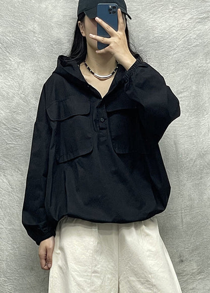 Black Button Hooded Pocket Cotton Loose Sweatshirts Top Long Sleeve