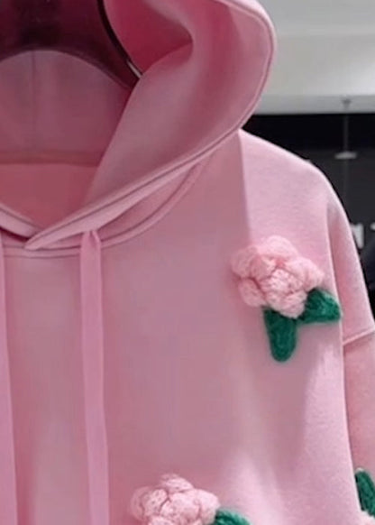 Loose Pink Hooded Drawstring Cotton Pullover Sweatshirt Fall