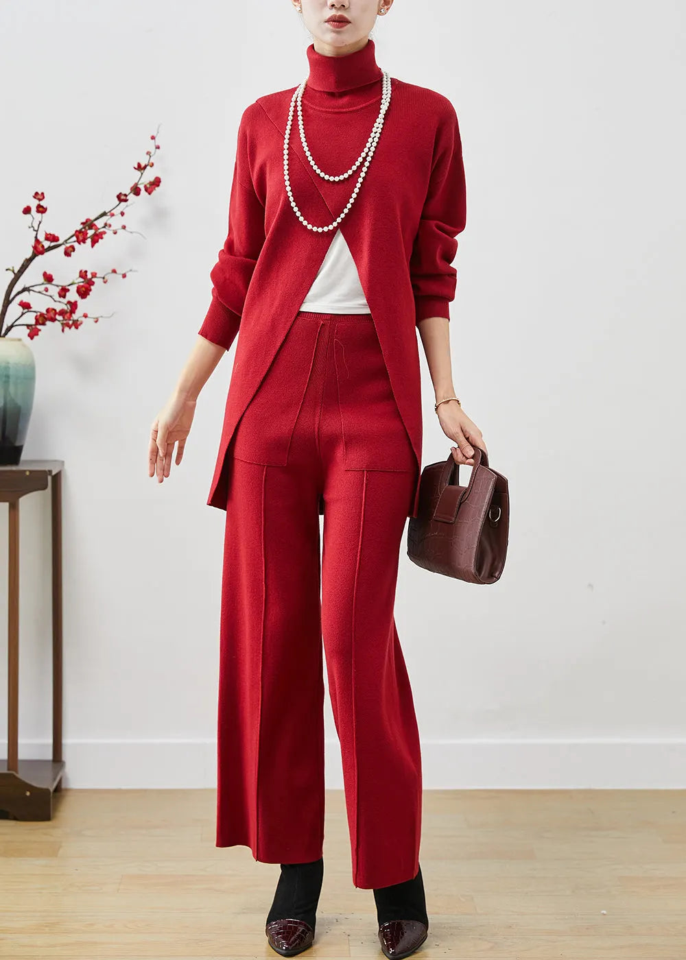 Red Turtle Neck Side Open Original Design Knit Two Pieces Set Spring