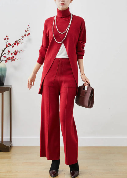 Red Turtle Neck Side Open Original Design Knit Two Pieces Set Spring
