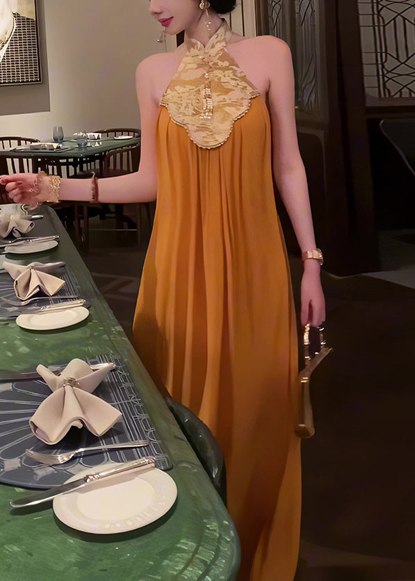 New Retro Orange Patchwork Silk Halter Dresses Summer