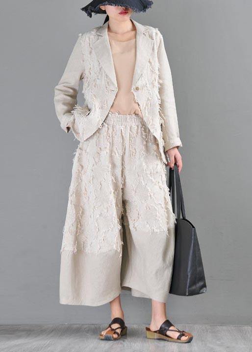 Natural Beige Patchwork Asymmetrical Design Cotton Linen Wide Leg Summer Pants