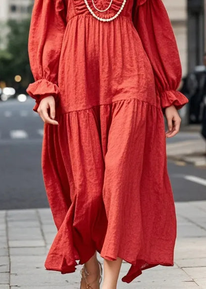 Red Oversized Ruffles Cotton Maxi Dresses Fall
