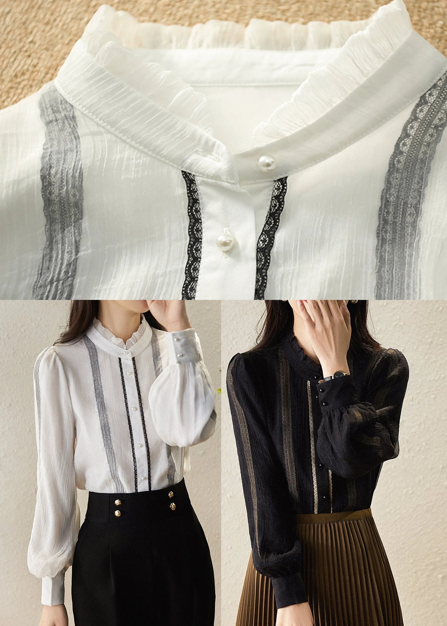 Black Stand Collar Striped Patchwork Chiffon Shirts Long Sleeve